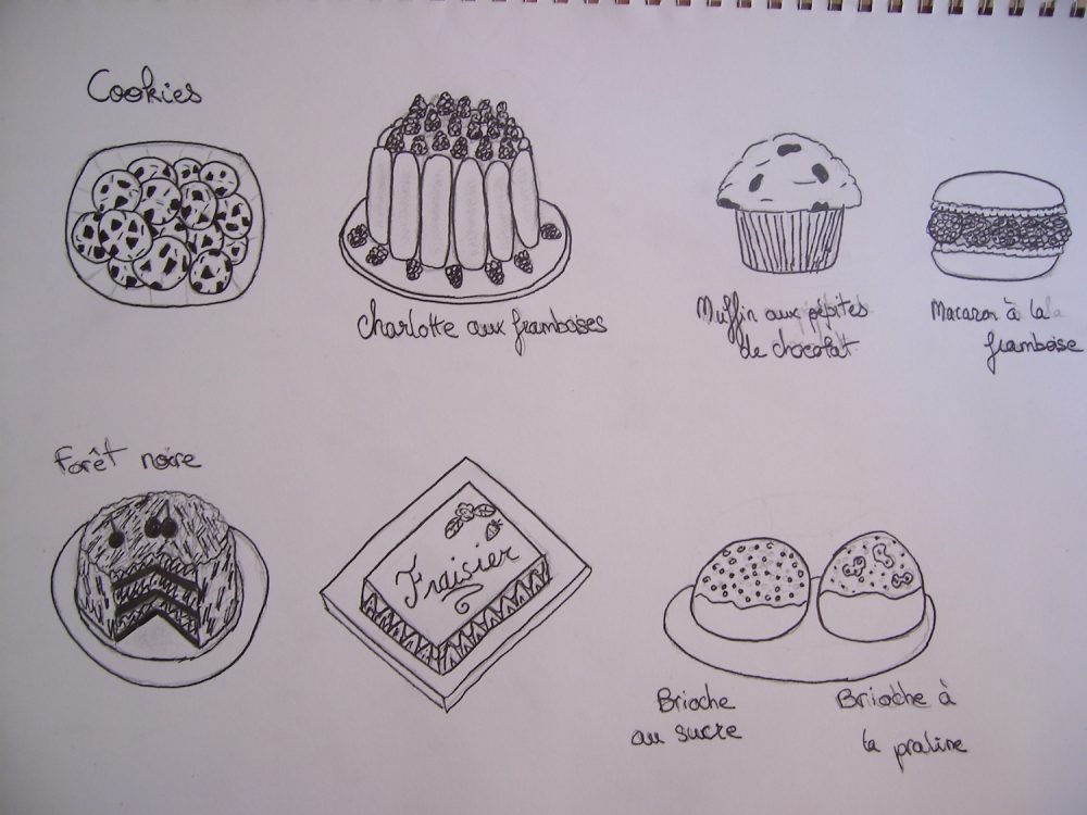 Cookies, macaron, charlotte, fraisier, forêt noire et chouquette concours de dessin du jeu the ou chocolat